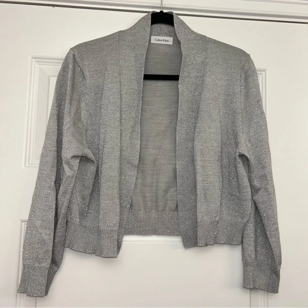 Calvin Klein Shimmer 3/4 Length Sleeve Open Front Crop Cardigan Sweater Top